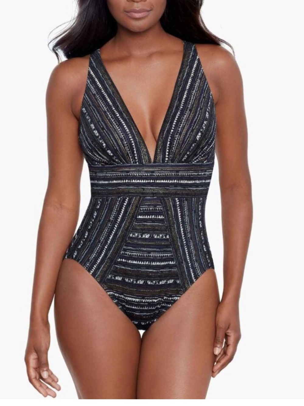 MiracleSuit Odyssey Black Multi color with Gold Metallic details one piece.
